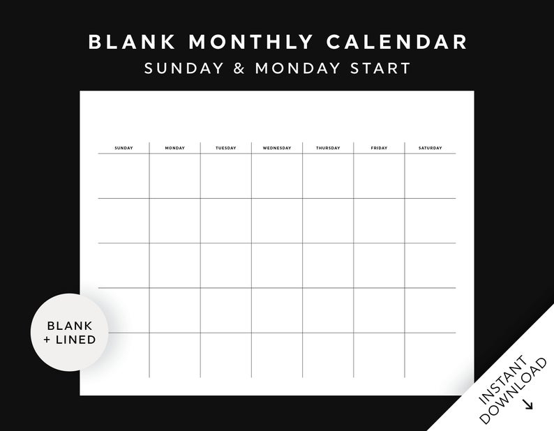 blank monthly calendar printable wall calendar desk etsy