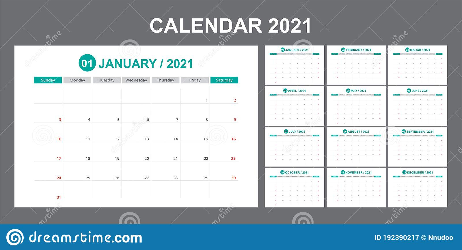 Calendar Annual Vector Template Year 2021 For Office