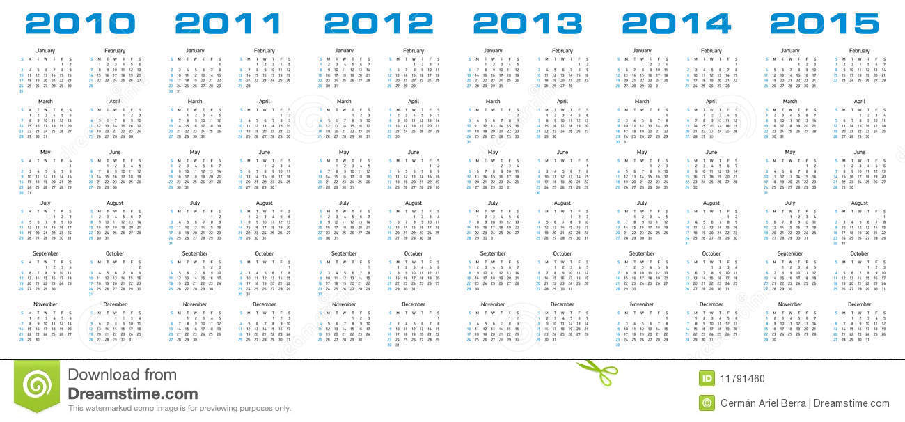 Calendar For 2010 Through 2015 Stock Vector Illustration
