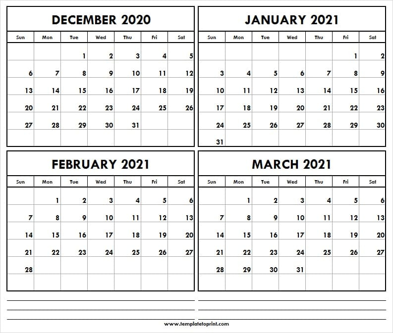 December 2020 To March 2021 Printable Calendar Four