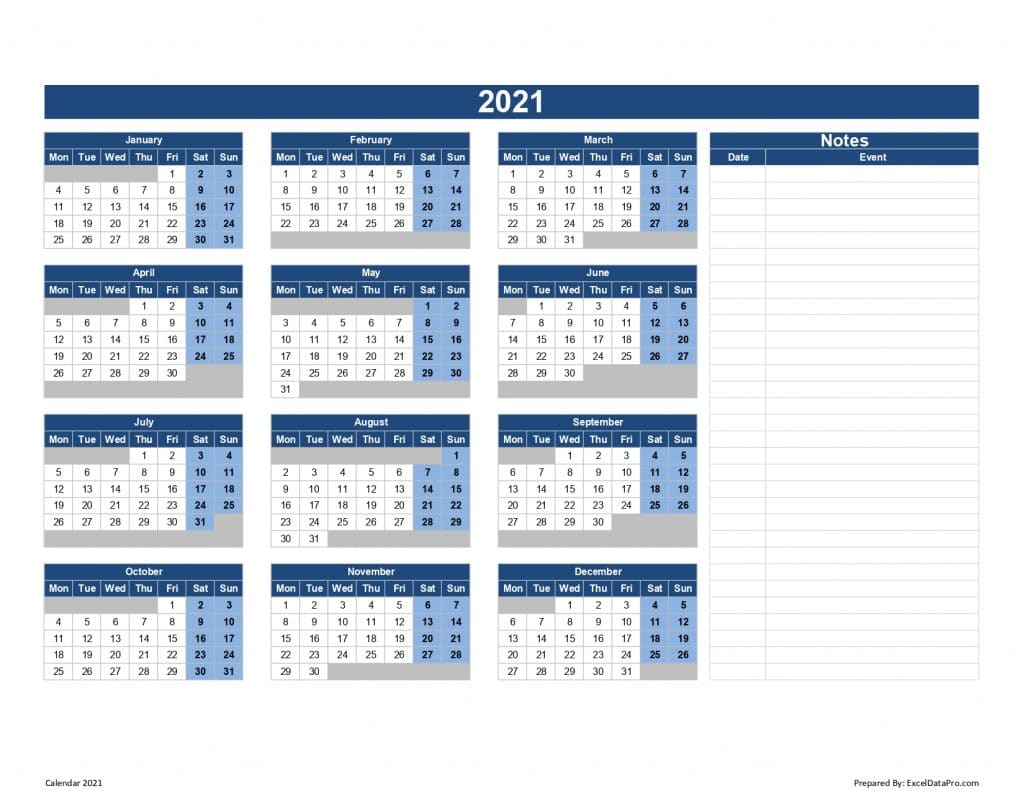 Download 2021 Yearly Calendar Mon Start Excel Template 1