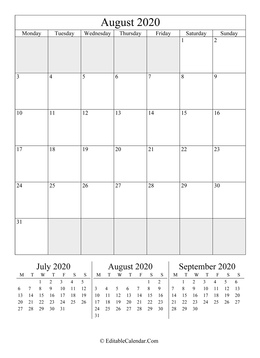 Editable Calendar August 2020