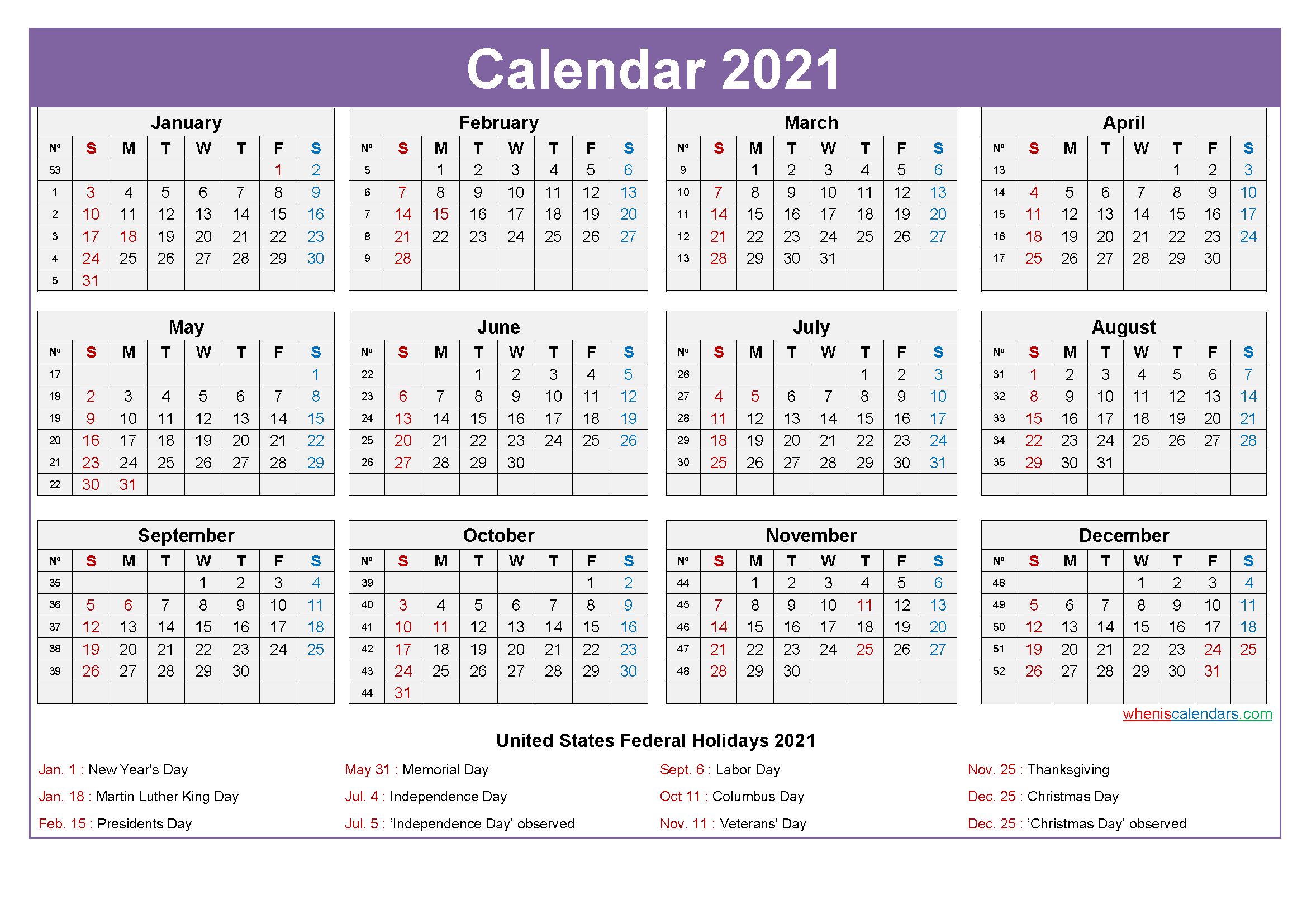 Editable Printable Calendar 2021 Template No Ep21y29
