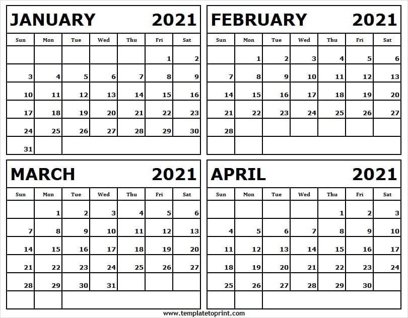Four Month Calendar Jan To Apr 2021 Printable Monthly