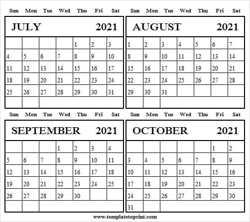 Four Month July To October 2021 Calendar Blank Calendar 2021