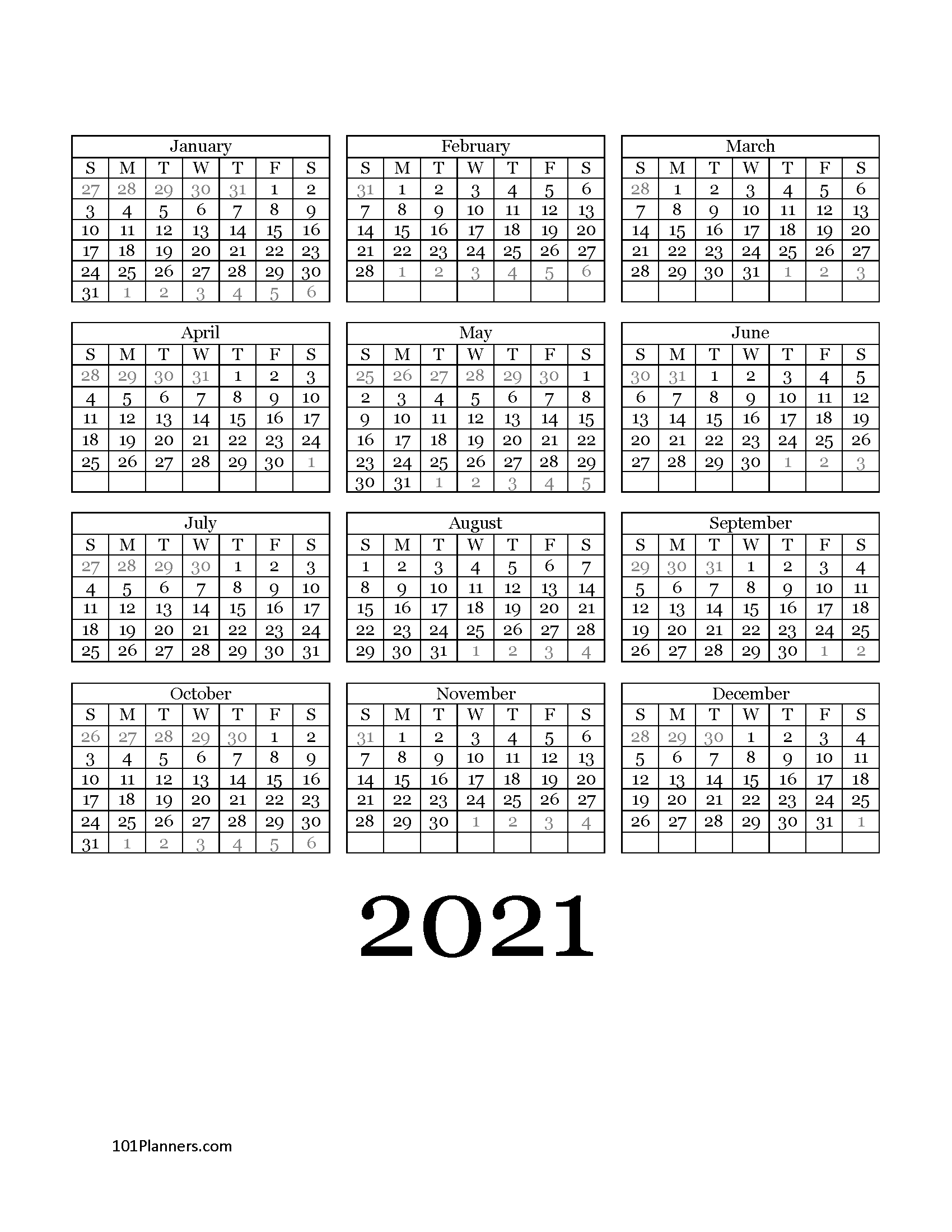 Free Printable 2021 Yearly Calendar At A Glance 101