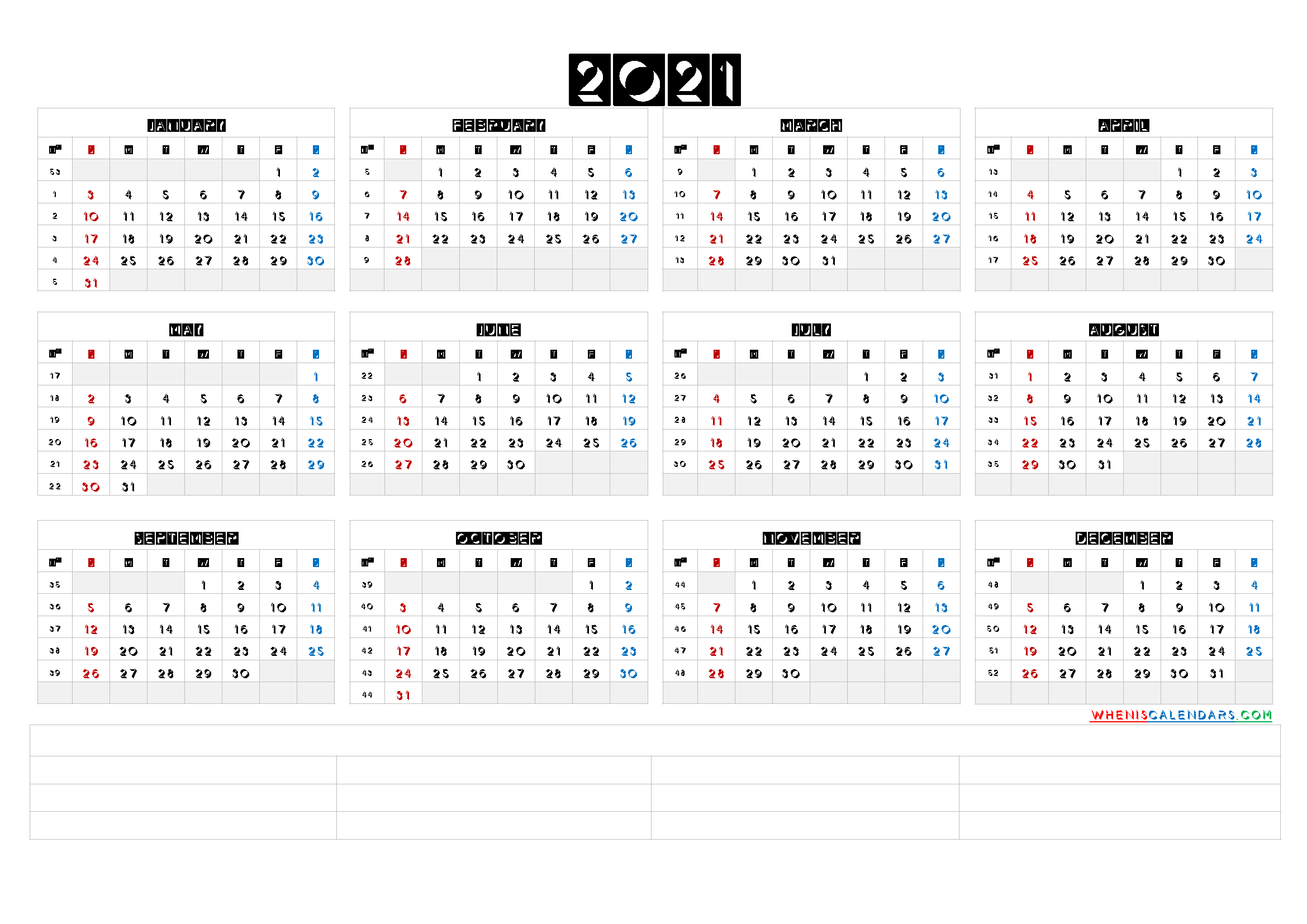free printable 2021 yearly calendar with week numbers 6