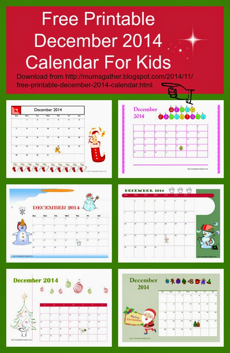 free printable december 2014 calendar for kids santa christmas tree gingerbread men