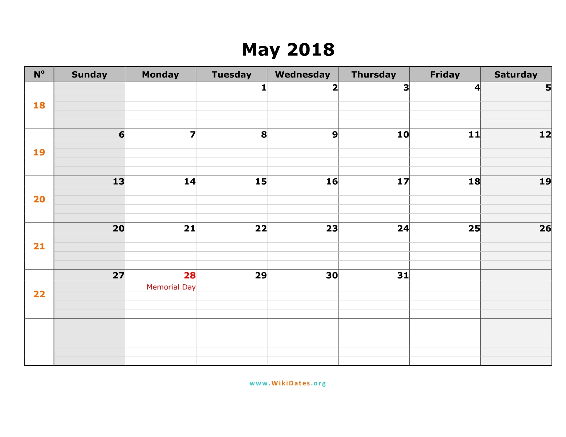 May 2018 Calendar Wikidates