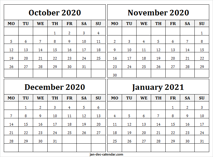 october 2020 to january 2021 blank calendar monthly