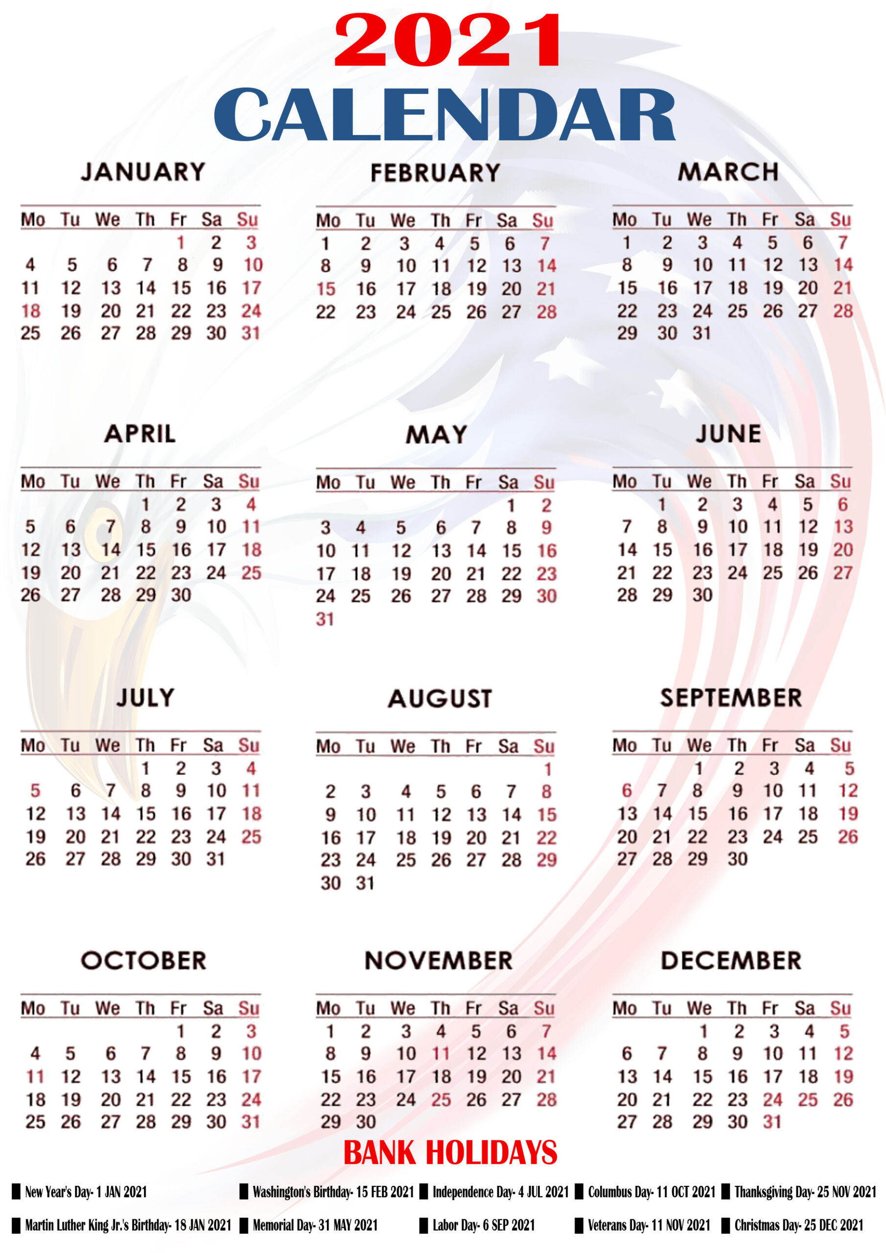 Printable 2021 Us Calendar With Holidays Federal Bank