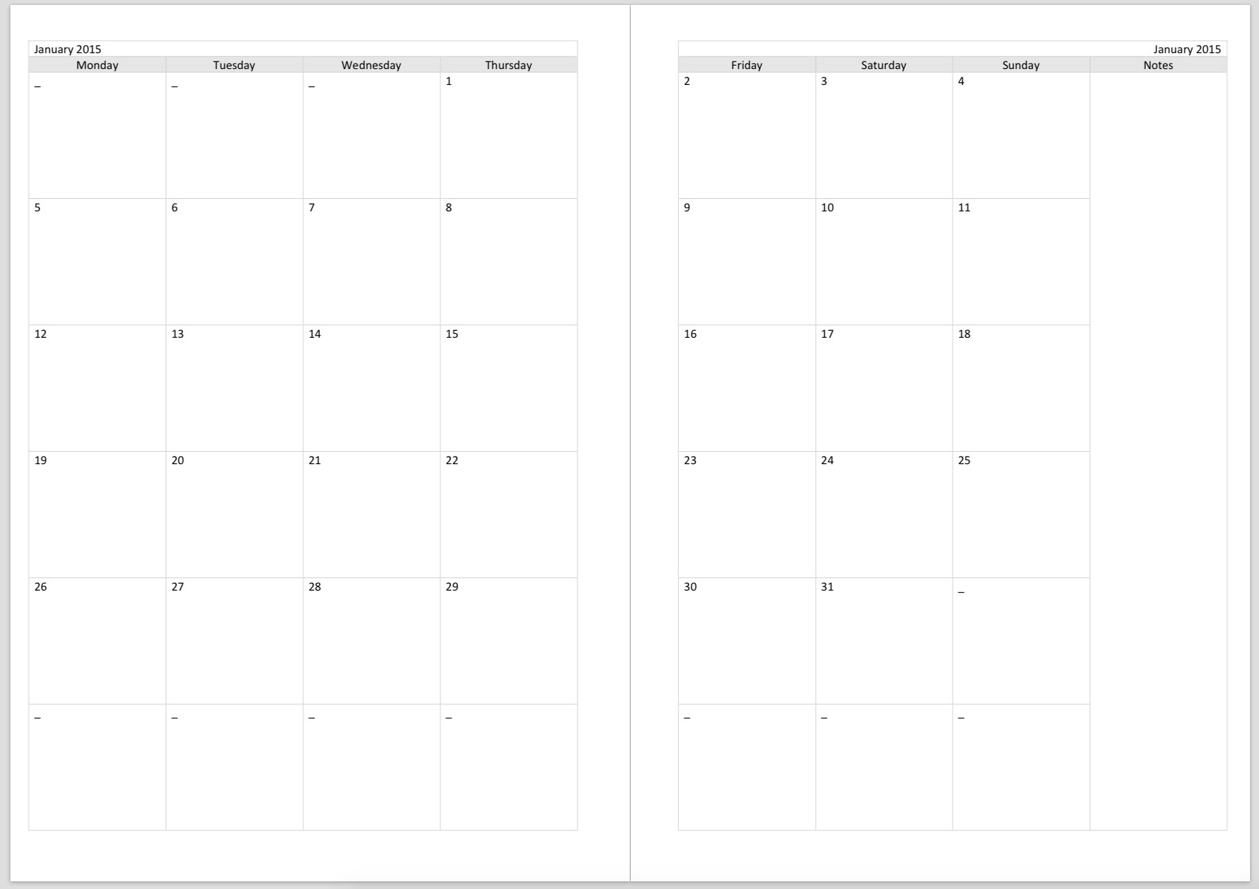 Printable Blank Monthly Calendar 2 Pages Example