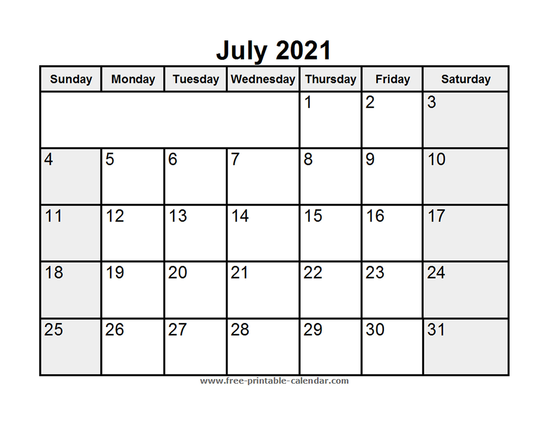Printable July 2021 Calendar Free Printable Calendar