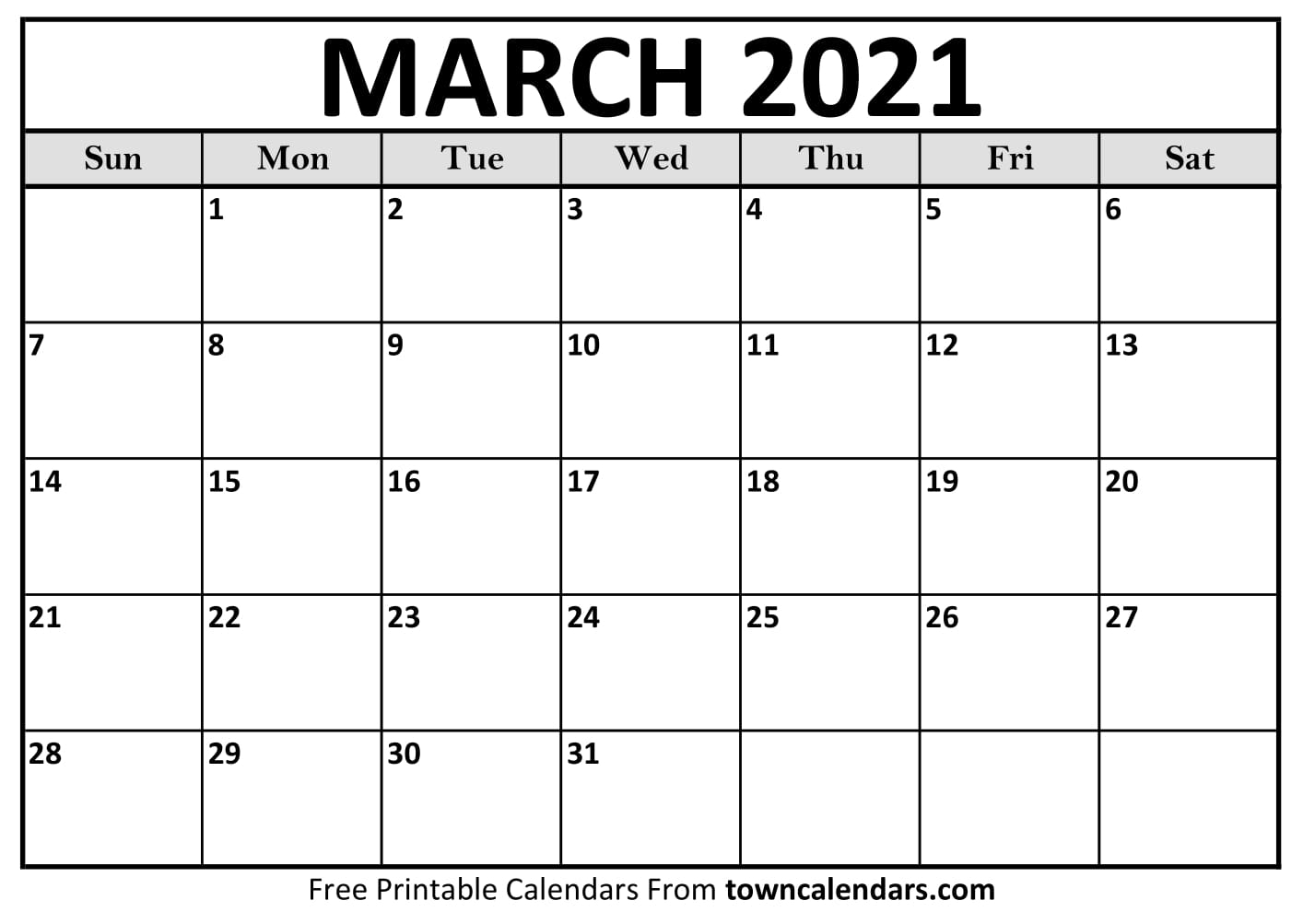 Printable March 2021 Calendar Towncalendars