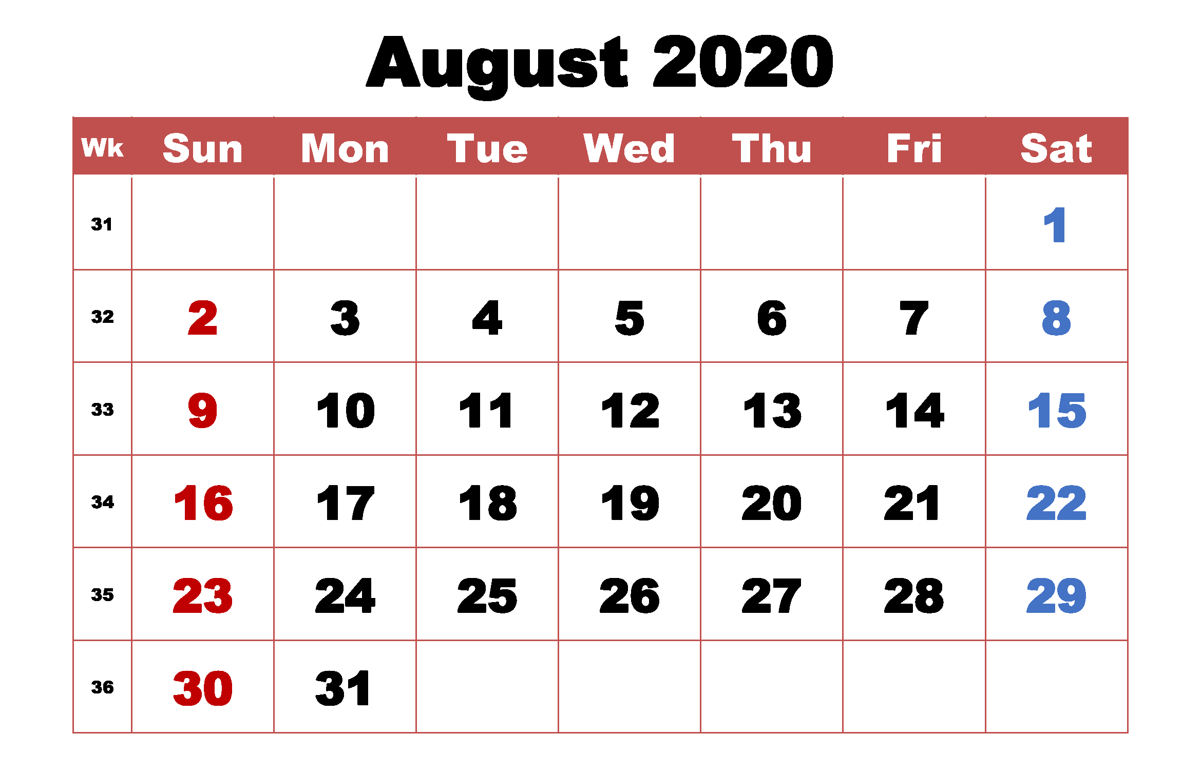 Printout August 2020 Calendar Template July Calendar