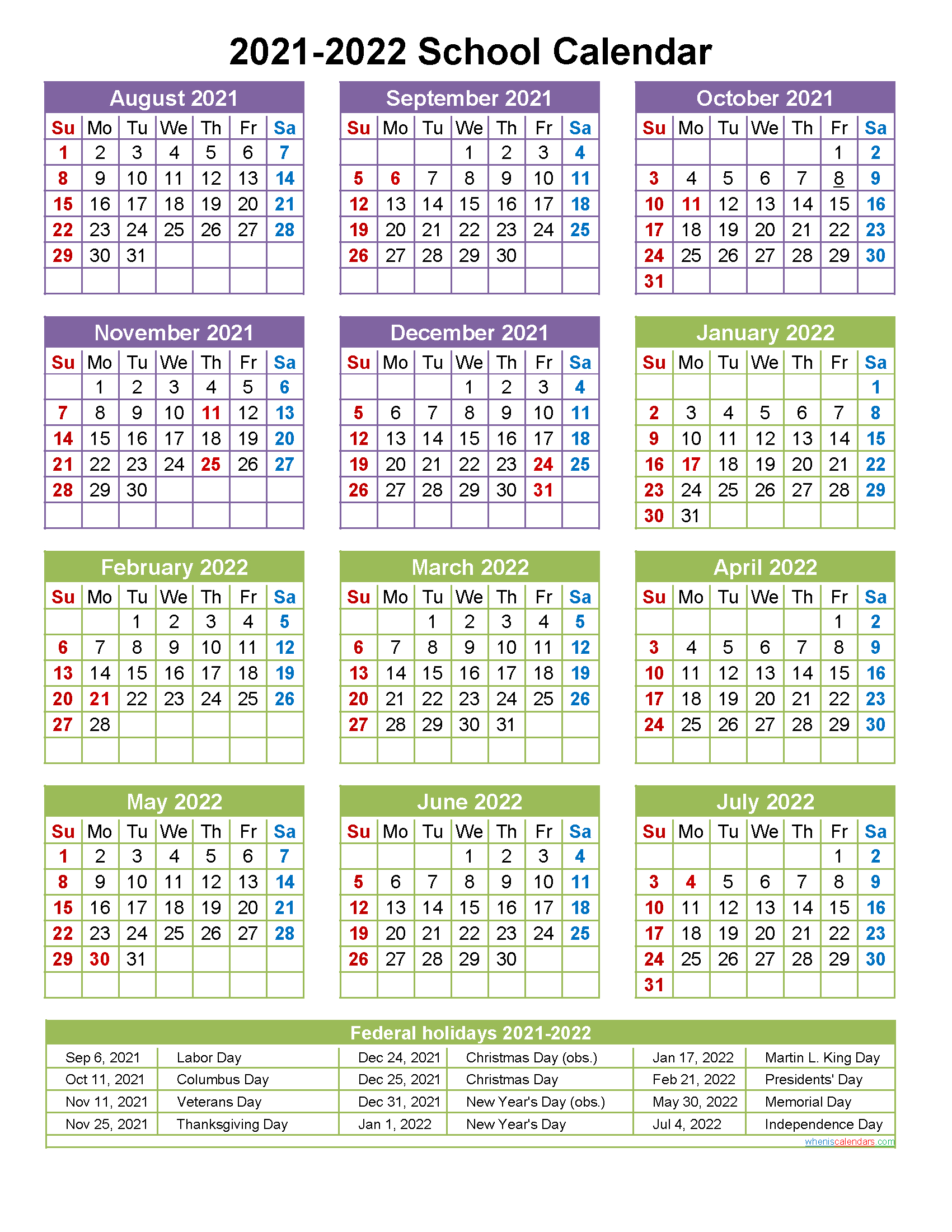 School Calendar 2021 And 2022 Printable Portrait