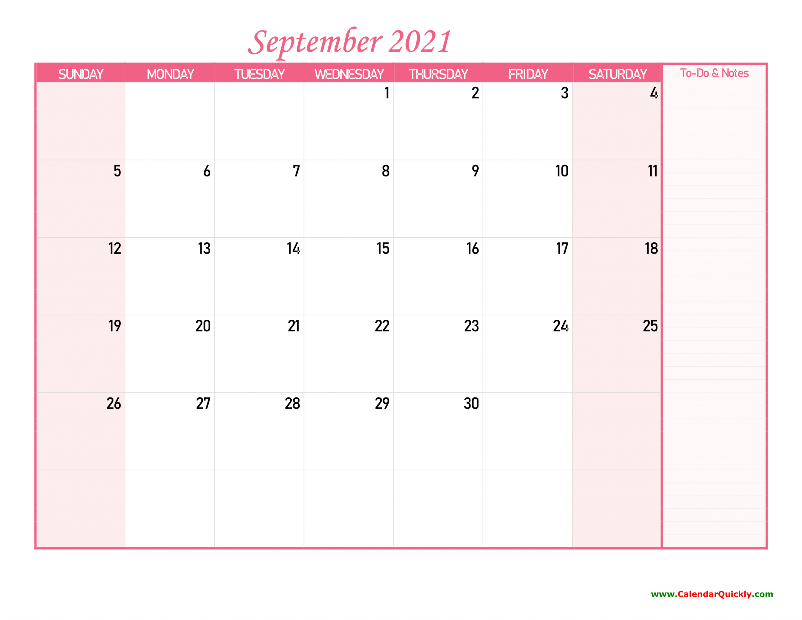 September Calendar 2021 With Notes Calendar Quickly