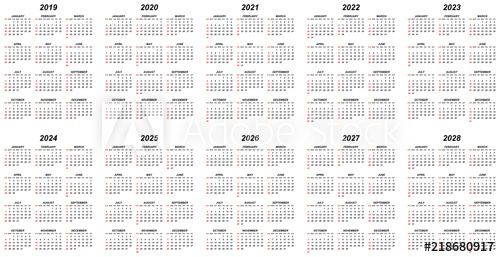 Ten Years Simple Editable Vector Calendars For Year 2019