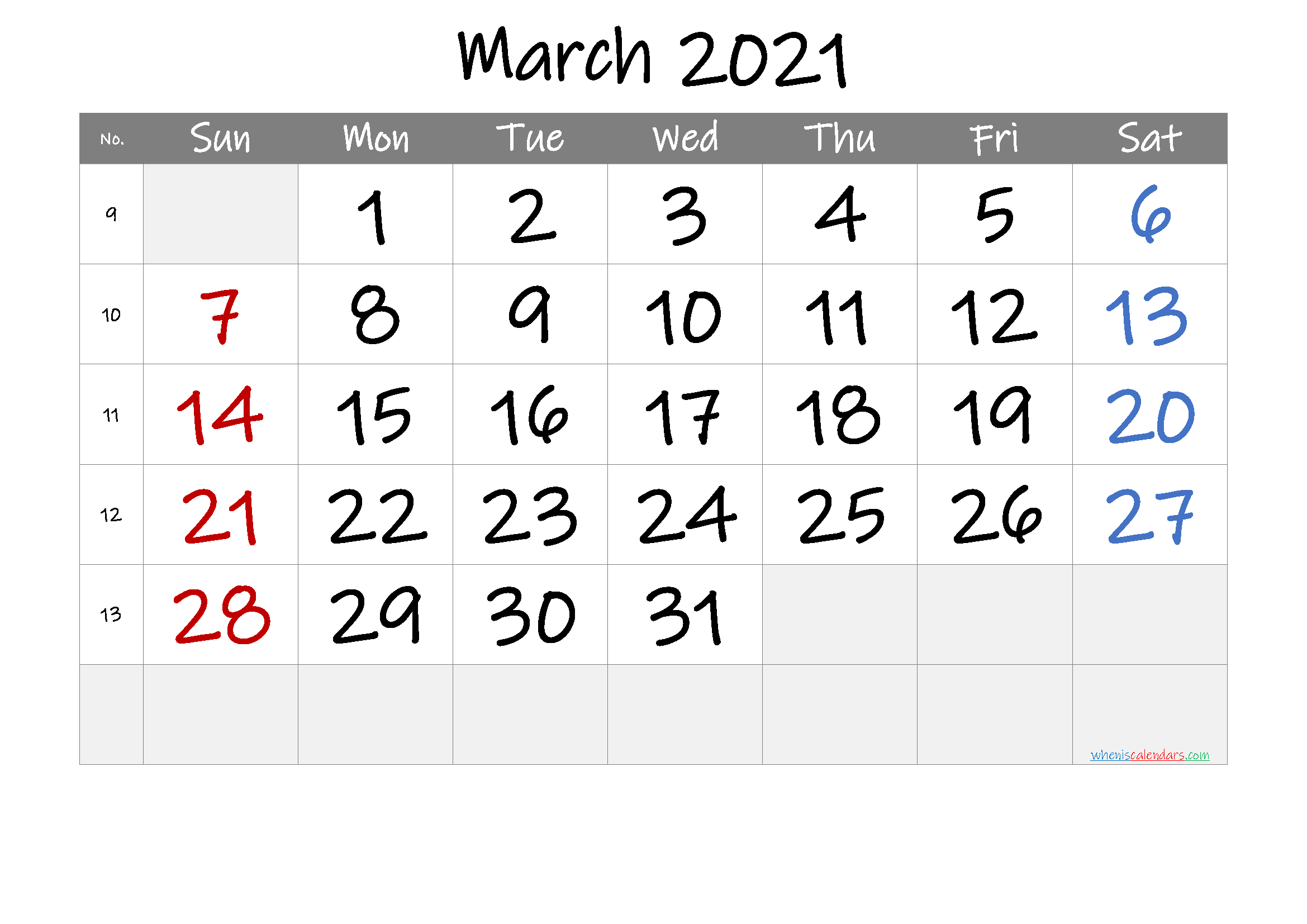 Waterproof Printable Calendar March 2021 Free Printable