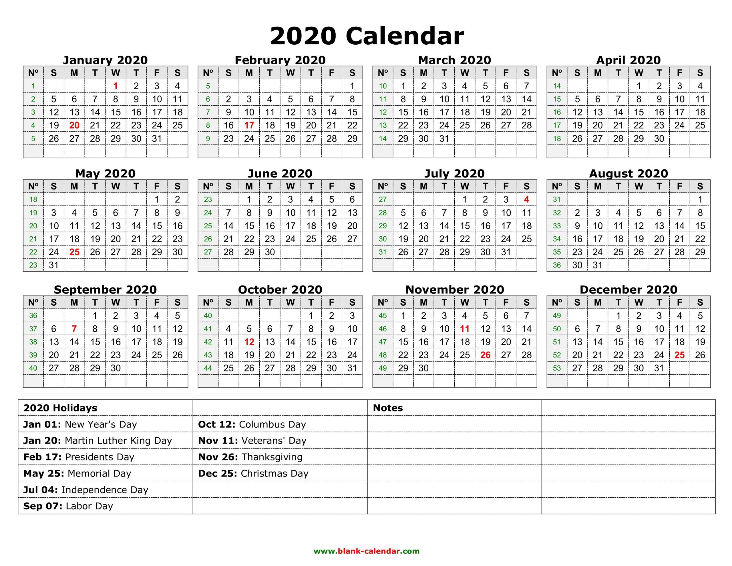 Yearly Calendar 2020 Free Download And Print Blank Monthly