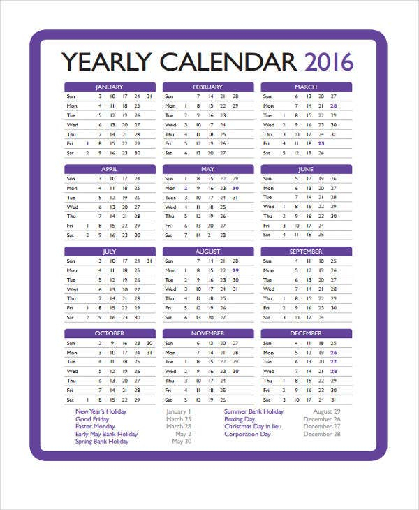 10 Yearly Calendar Templates Sample Example Format