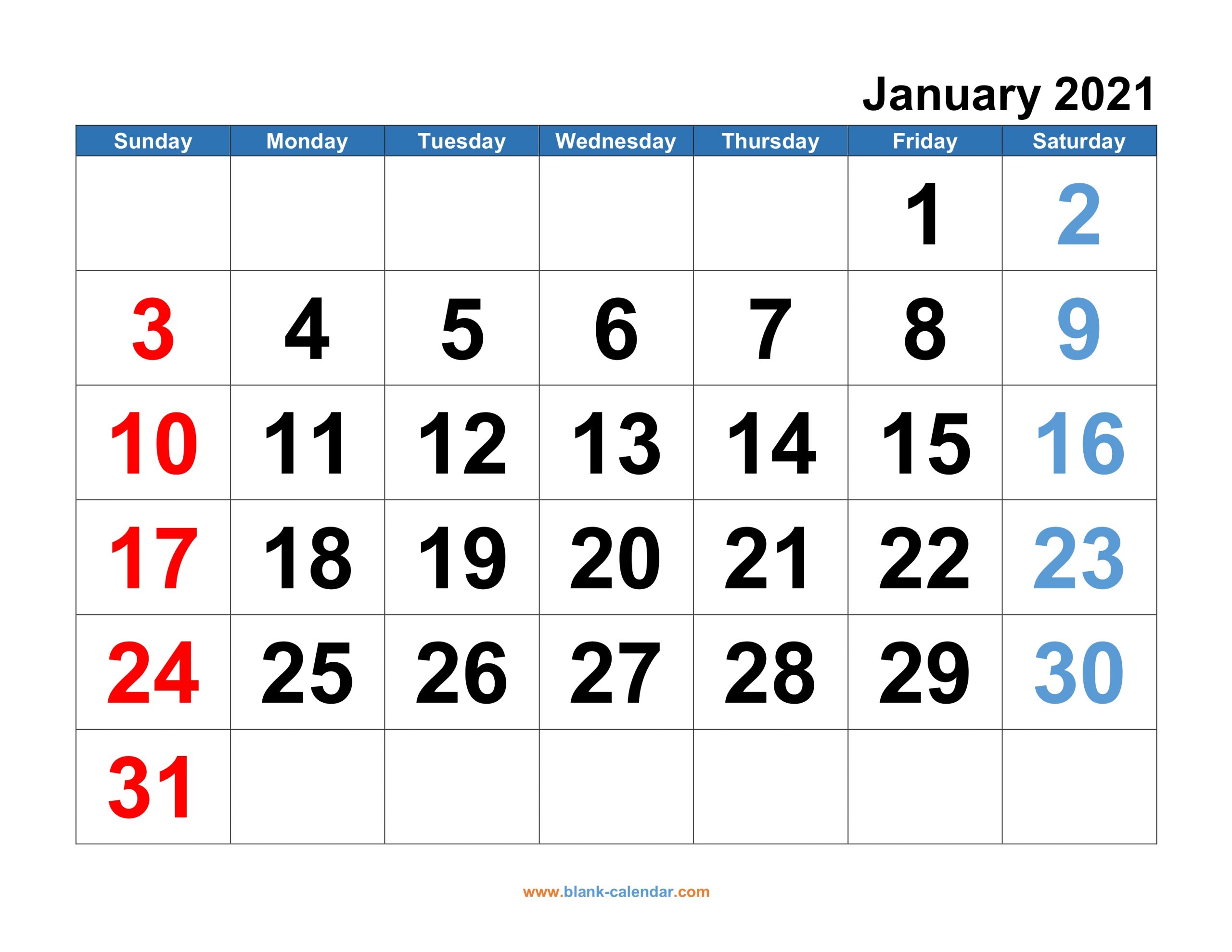 20 January 2021 Calendar Big Numbers Free Download