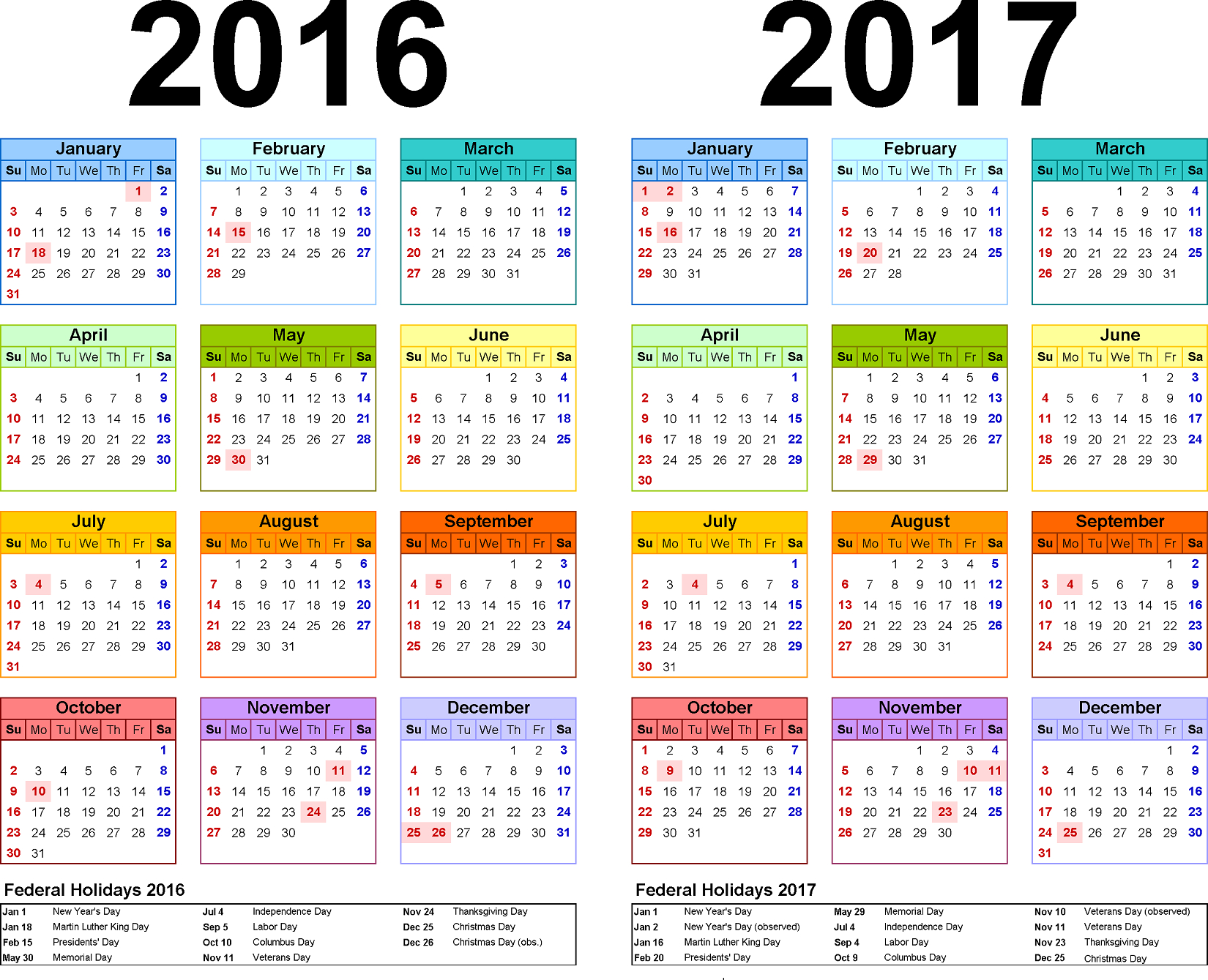 2016 Yearly Calendars With Holidays Activity Shelter