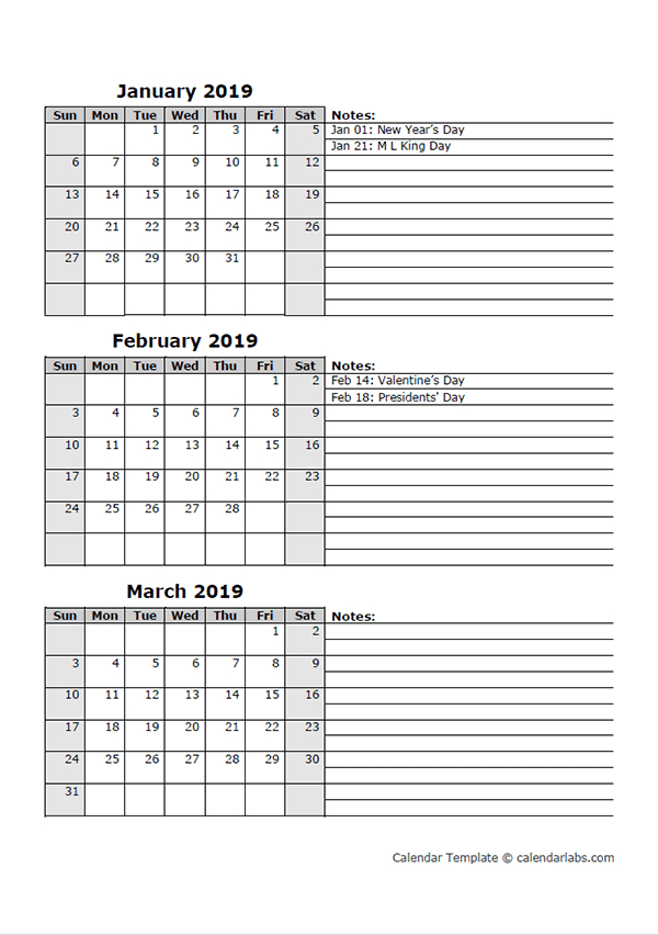 2019 Three Month Calendar Template Free Printable Templates