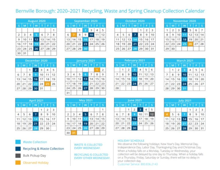 2020 2021 Trash And Recycling Calendar Bernville Borough