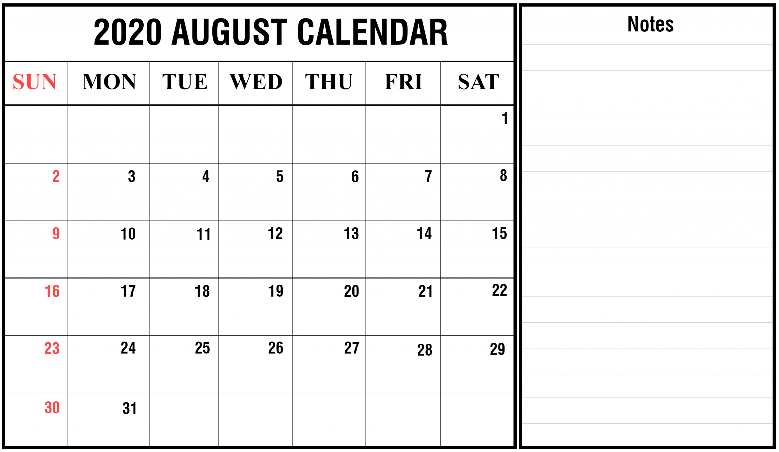 2020 August Calendar With Notes August Calendar