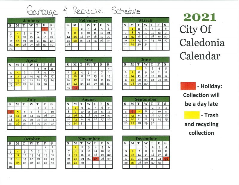 2021 Caledonia Garbage And Recycling Calendar City Of 1