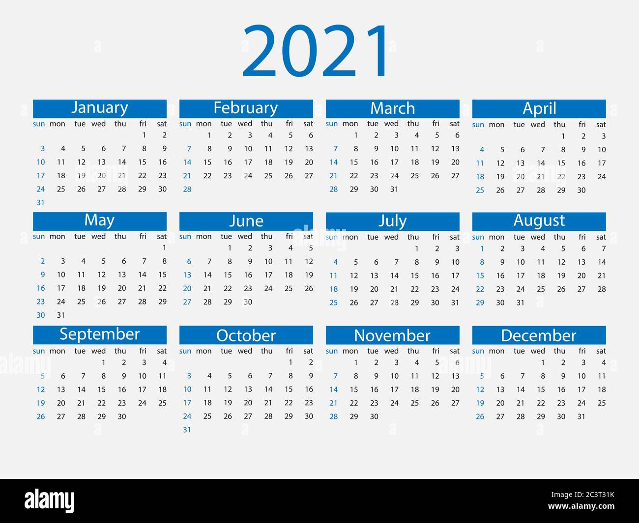 2021 calendar week starts sunday vector illustration