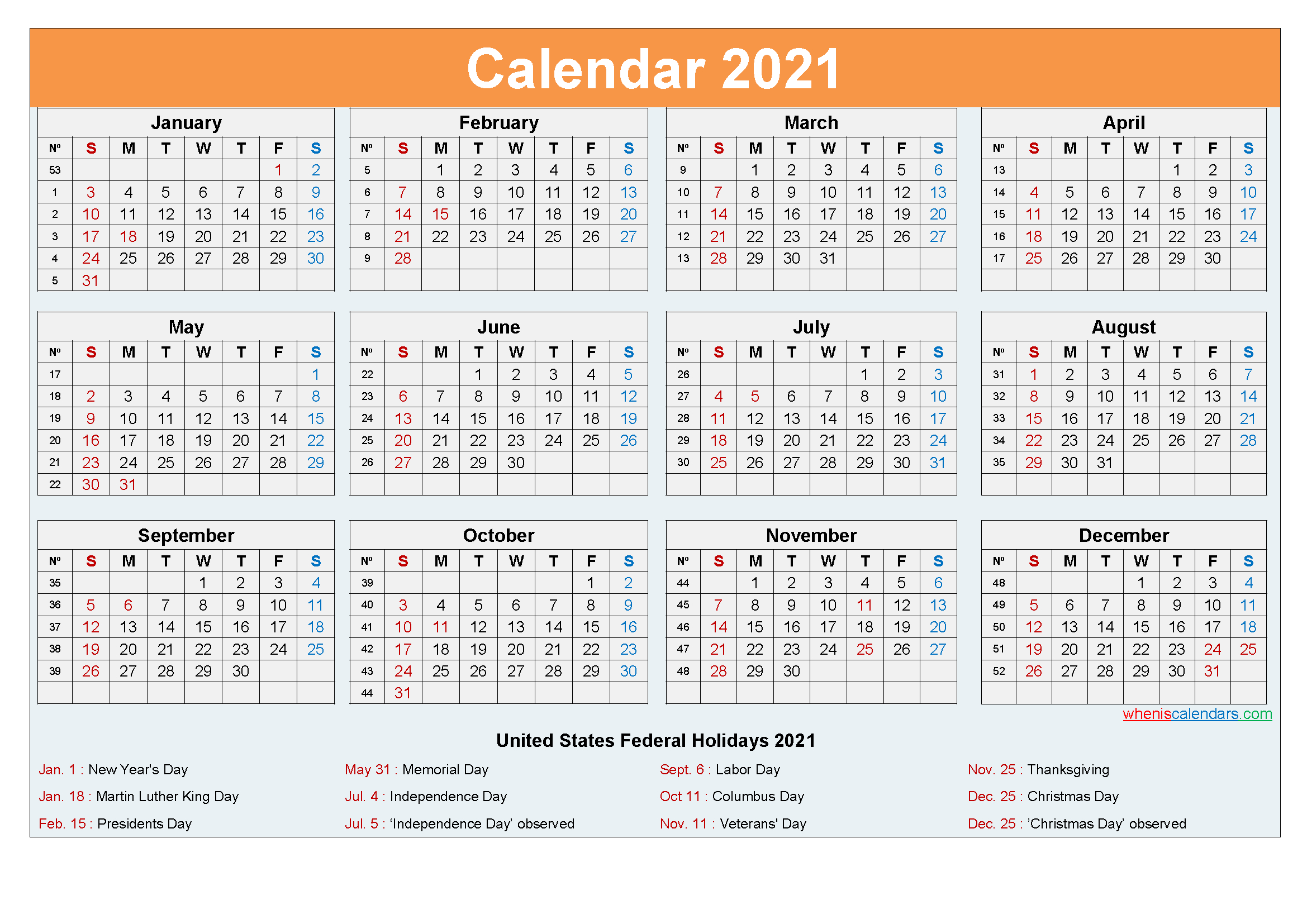 2021 Calendar With Holidays Template Word Pdf Free
