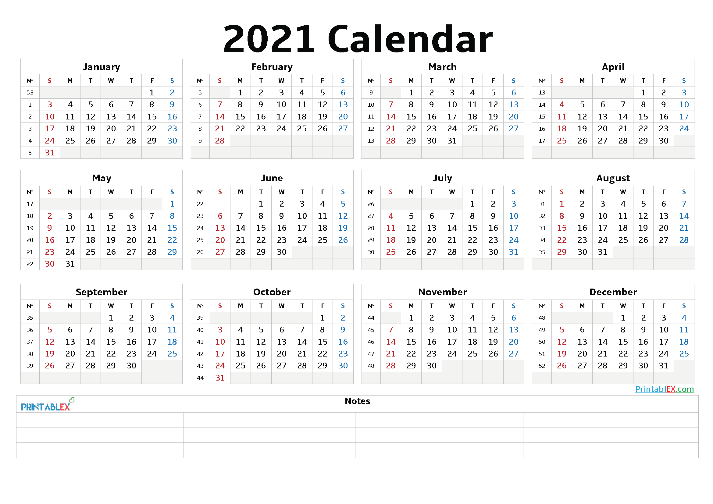 2021 calendar with week numbers printable pdf free