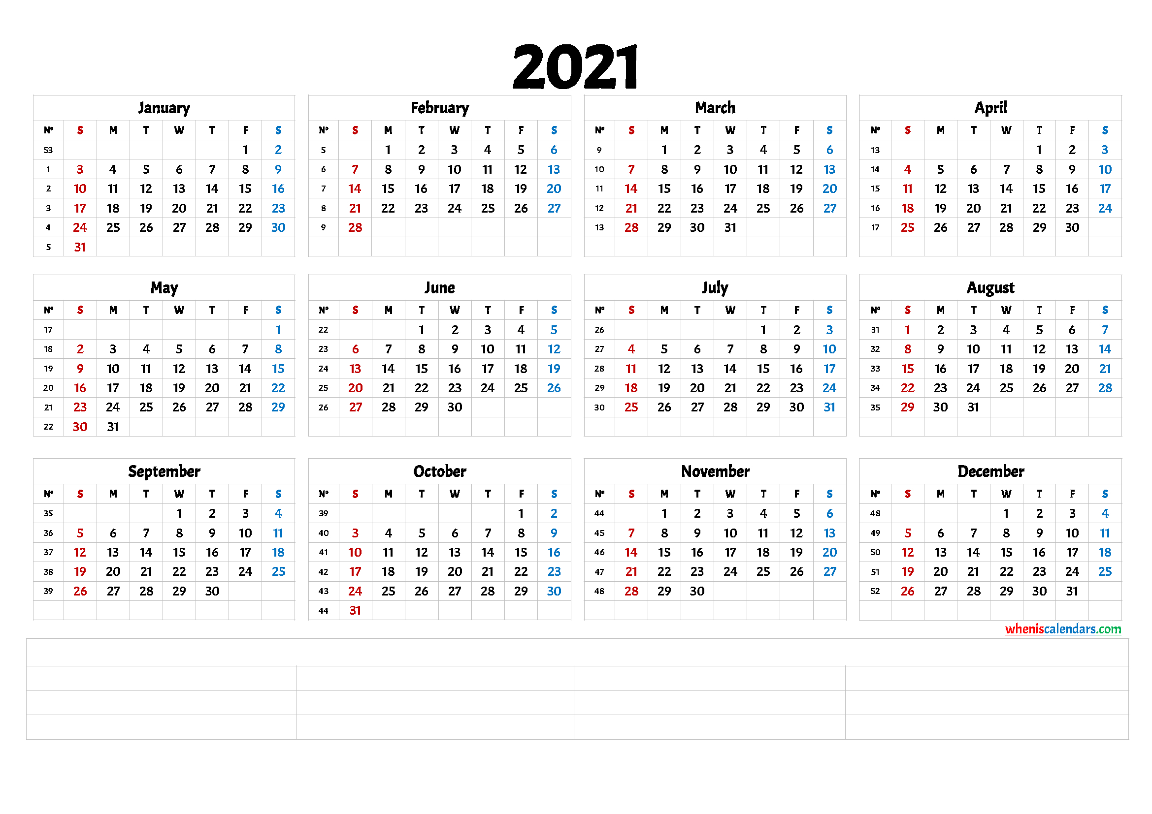 2021 Free Printable Yearly Calendar With Week Numbers 6