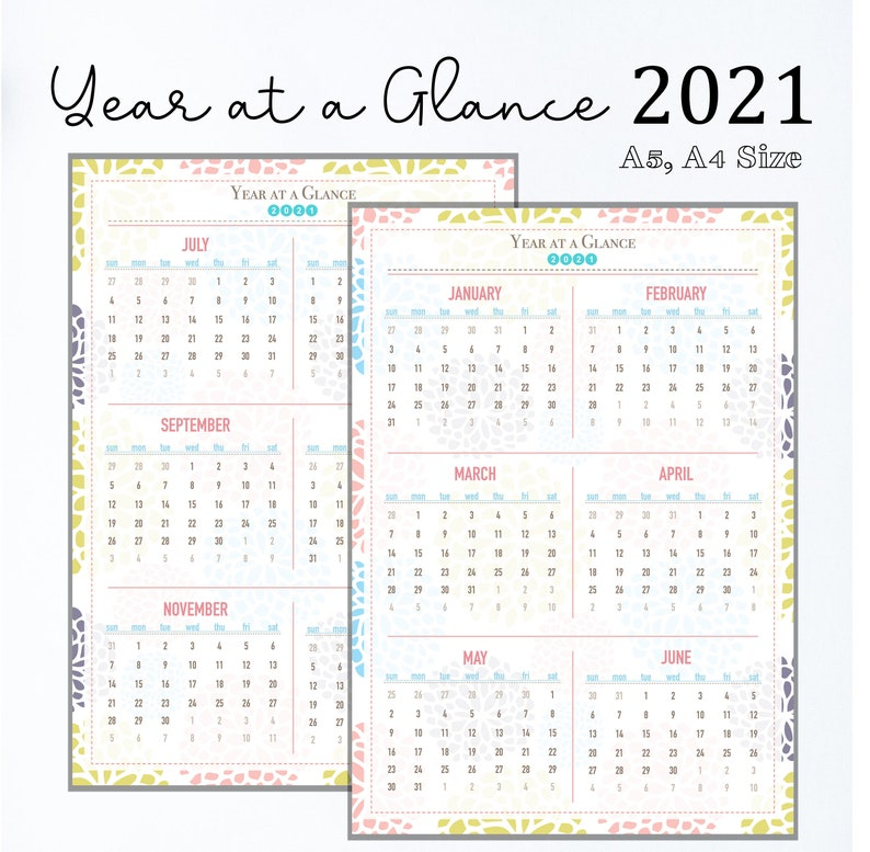 2021 Printable Calendar Year At A Glance 2021 Calendar Etsy