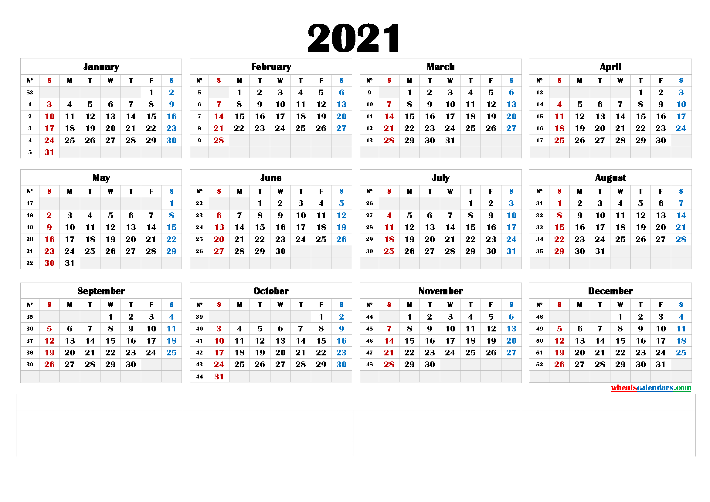 2021 Printable Yearly Calendar With Week Numbers 6 Templates