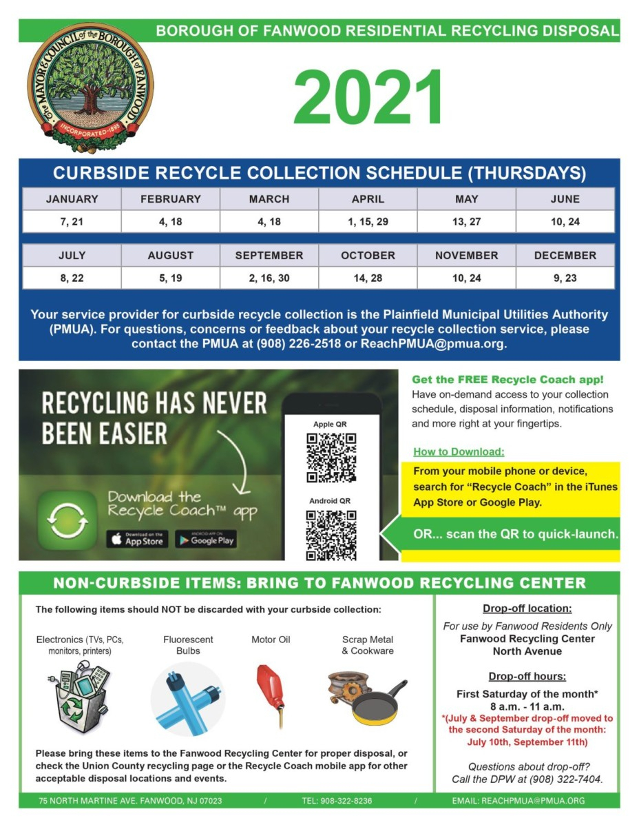 2021 Recycling Calendar Released Borough Of Fanwood