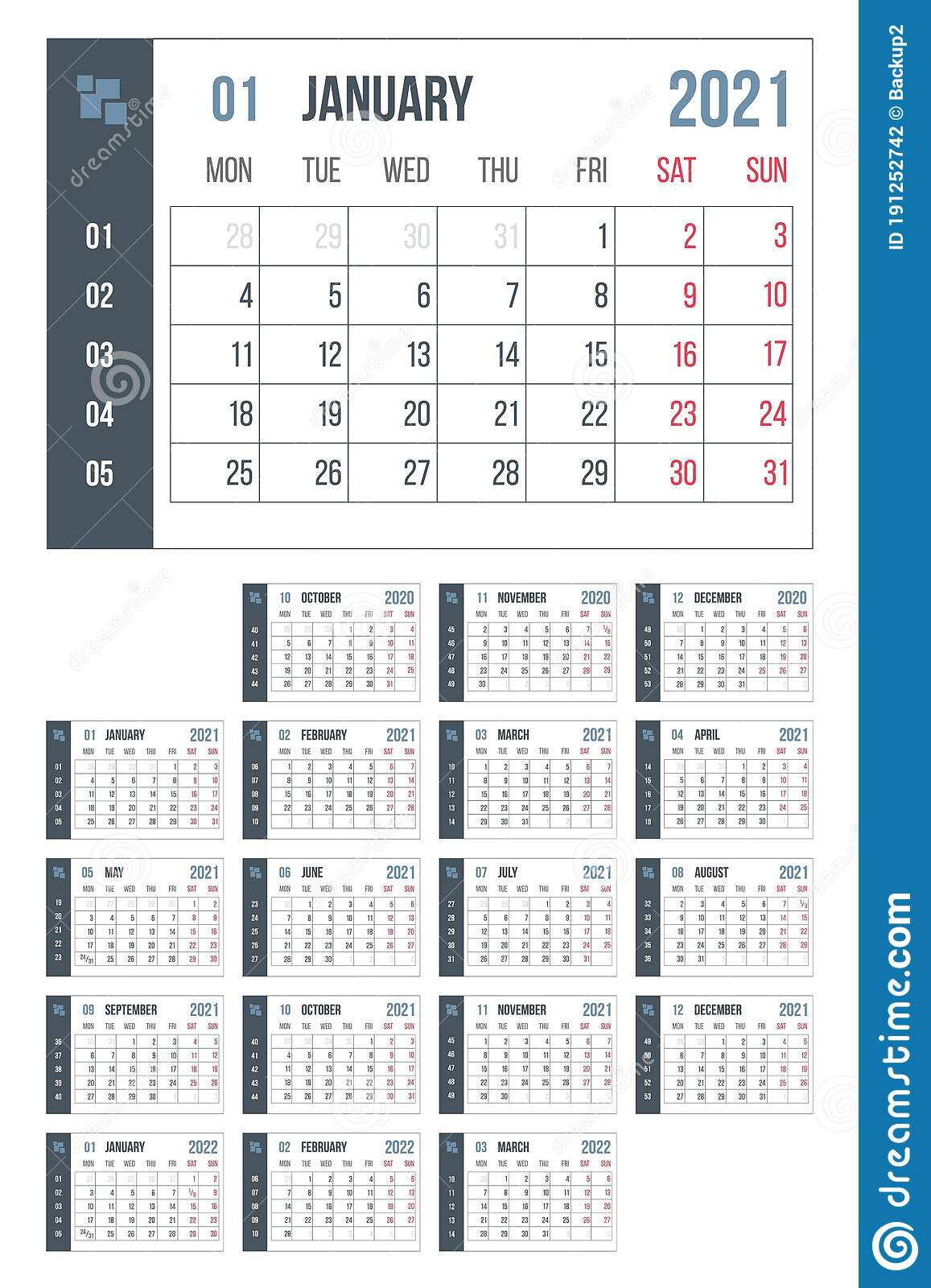 2021 Year Blue Calendar Month Countdown Page Set Day