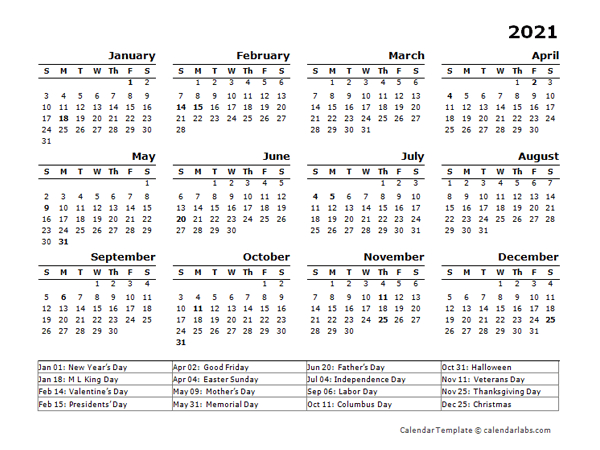 2021 Year Calendar Template With Us Holidays Free