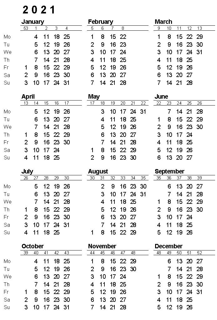 2021 Yearly Calendar With Week Numbers Calendar With