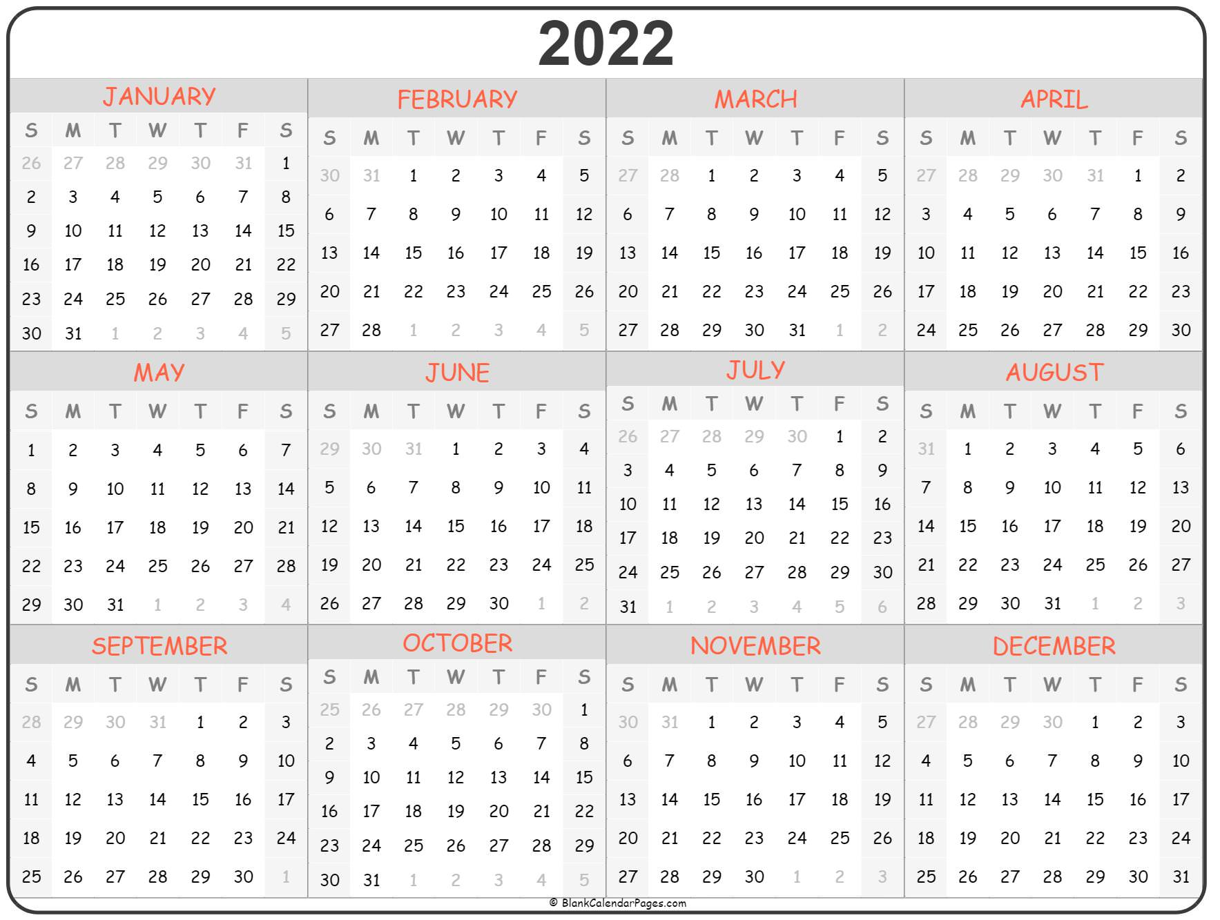 2022 year calendar yearly printable