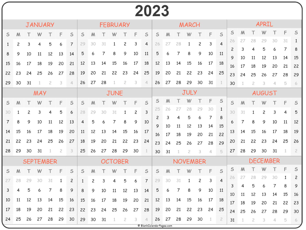 2023 Year Calendar Yearly Printable Printable Calendar