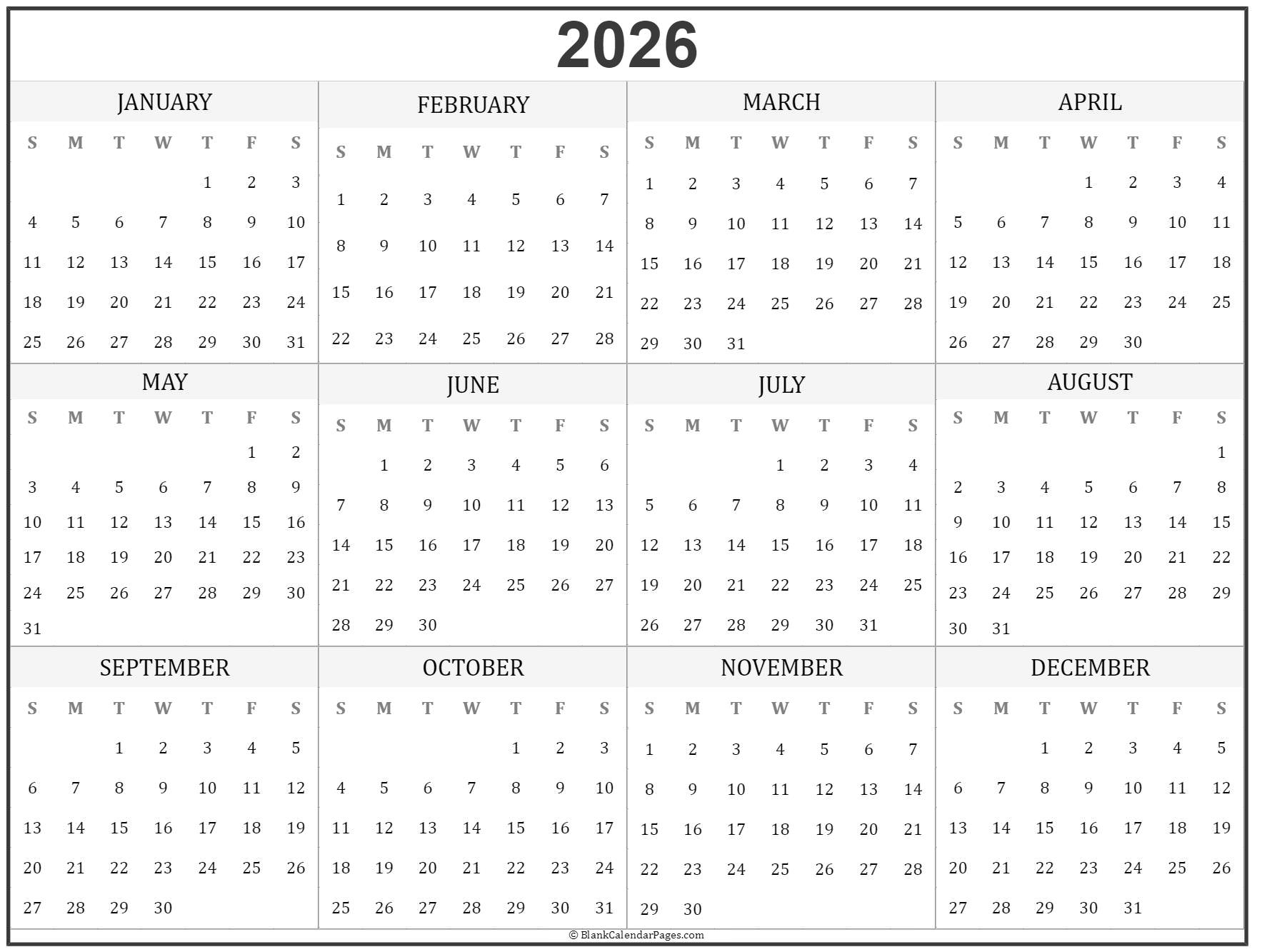 2026 Year Calendar Yearly Printable
