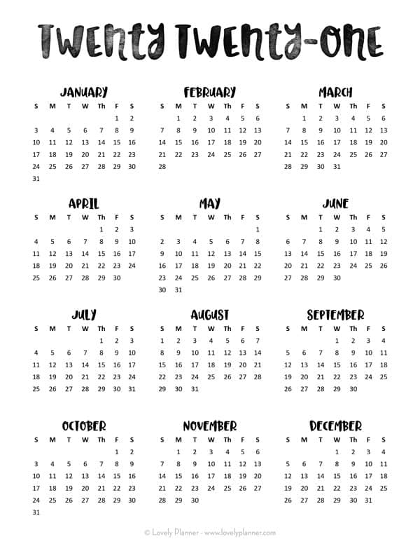 24 Pretty Free Printable One Page Calendars For 2021