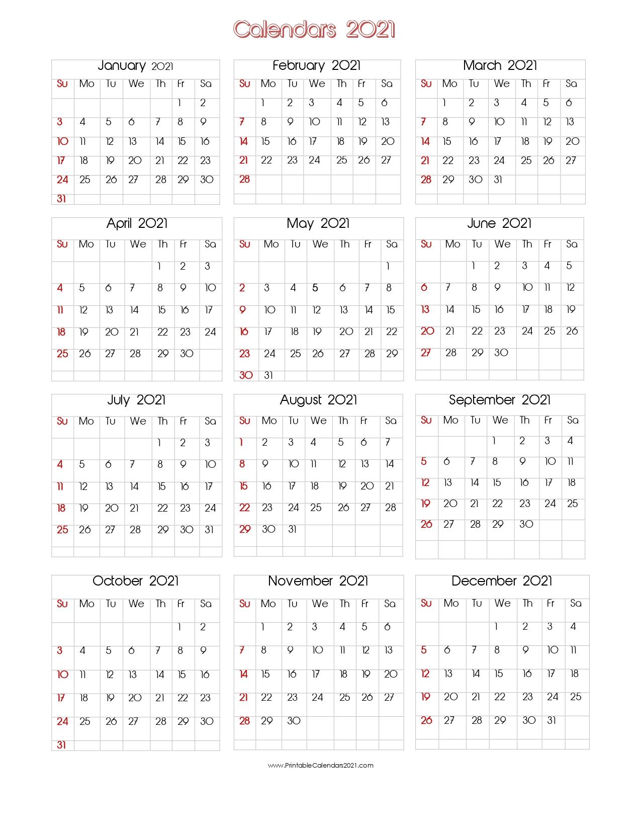 56 printable calendar 2021 one page printable 2021