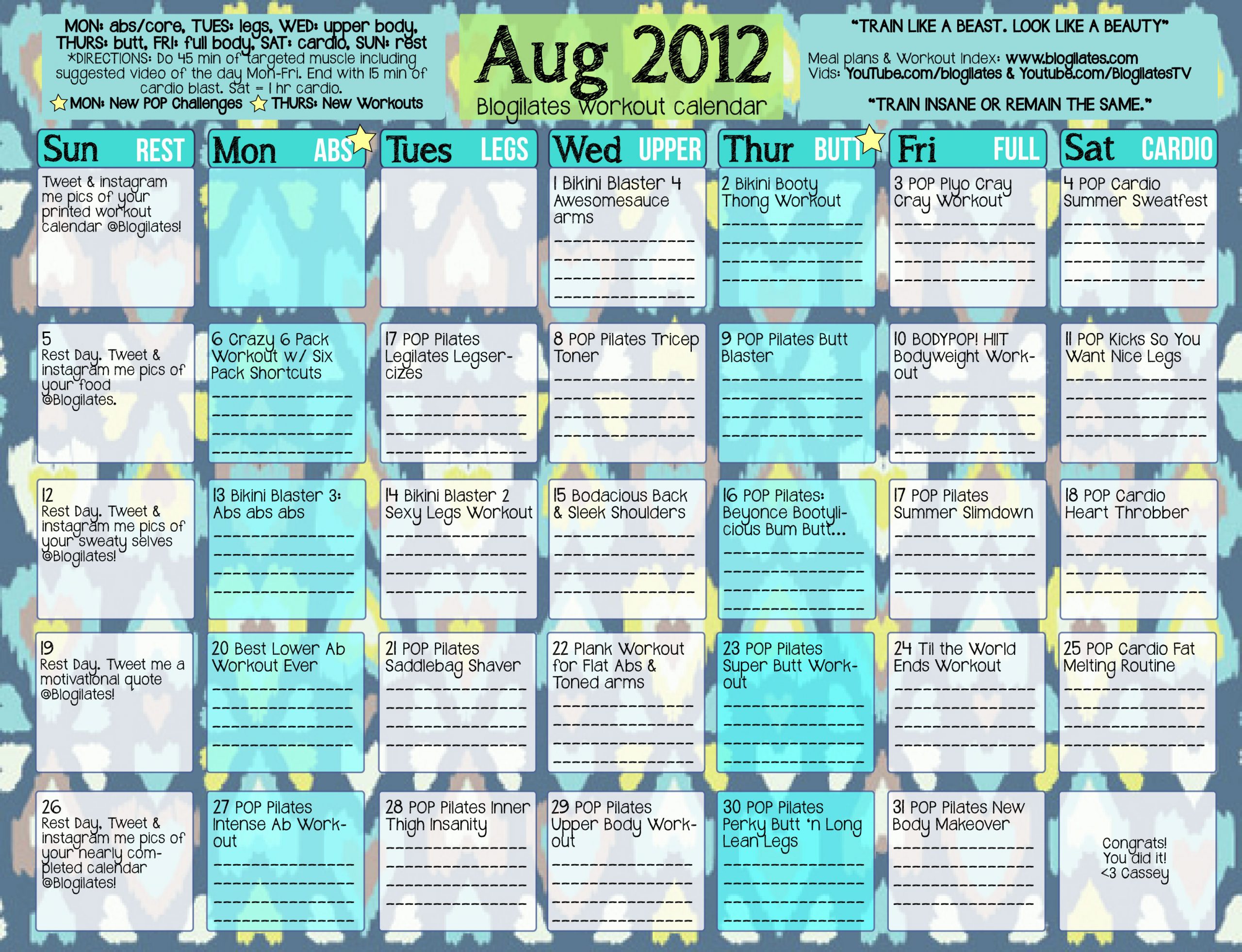 august 2012 blogilates workout calendar blogilates