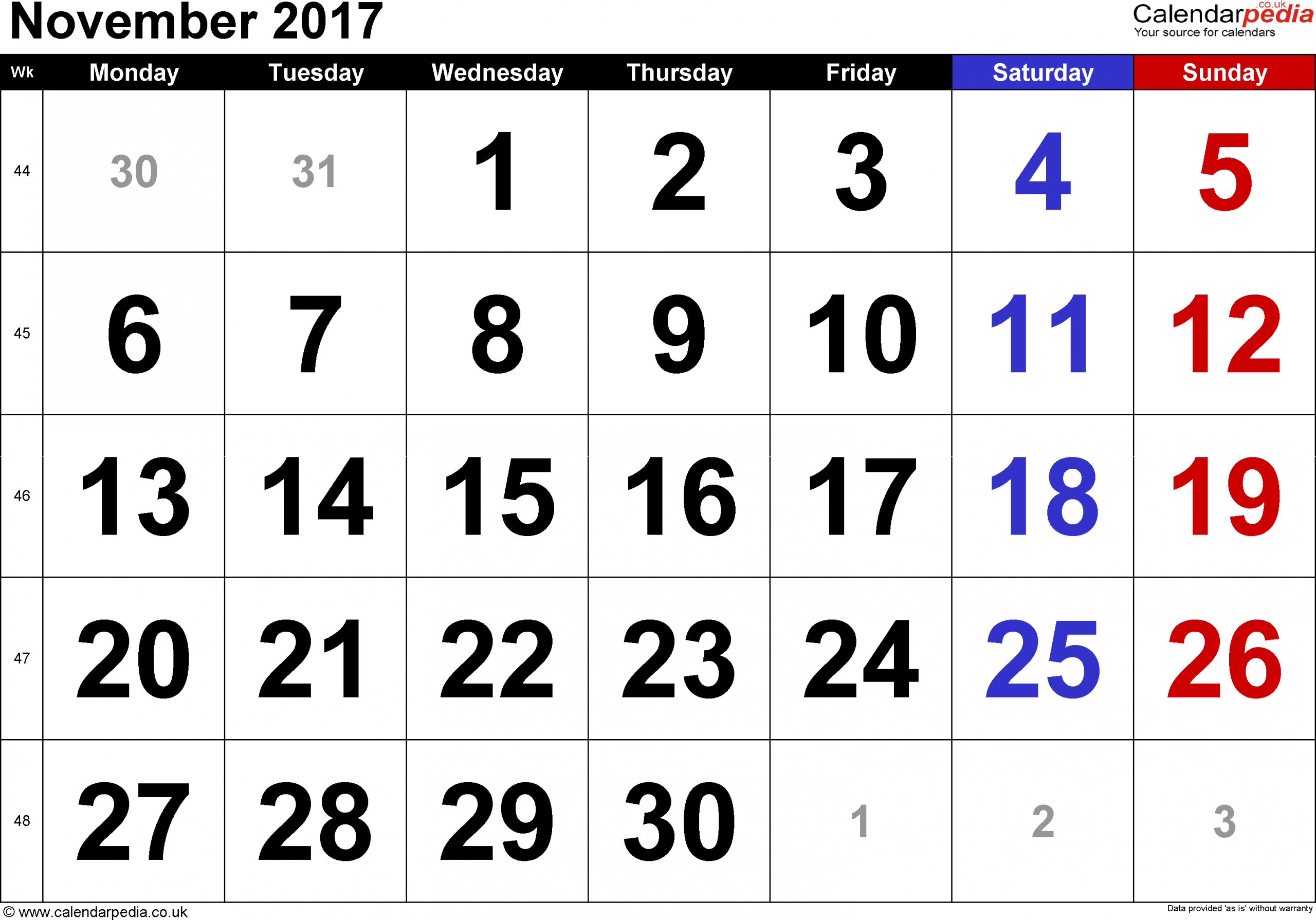 calendar november 2017 uk with excel word and pdf templates