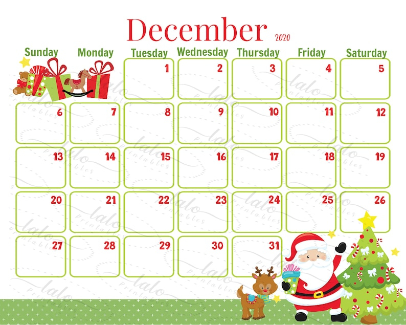 December 2020 Santa Calendar Printable Christmas Eve Theme
