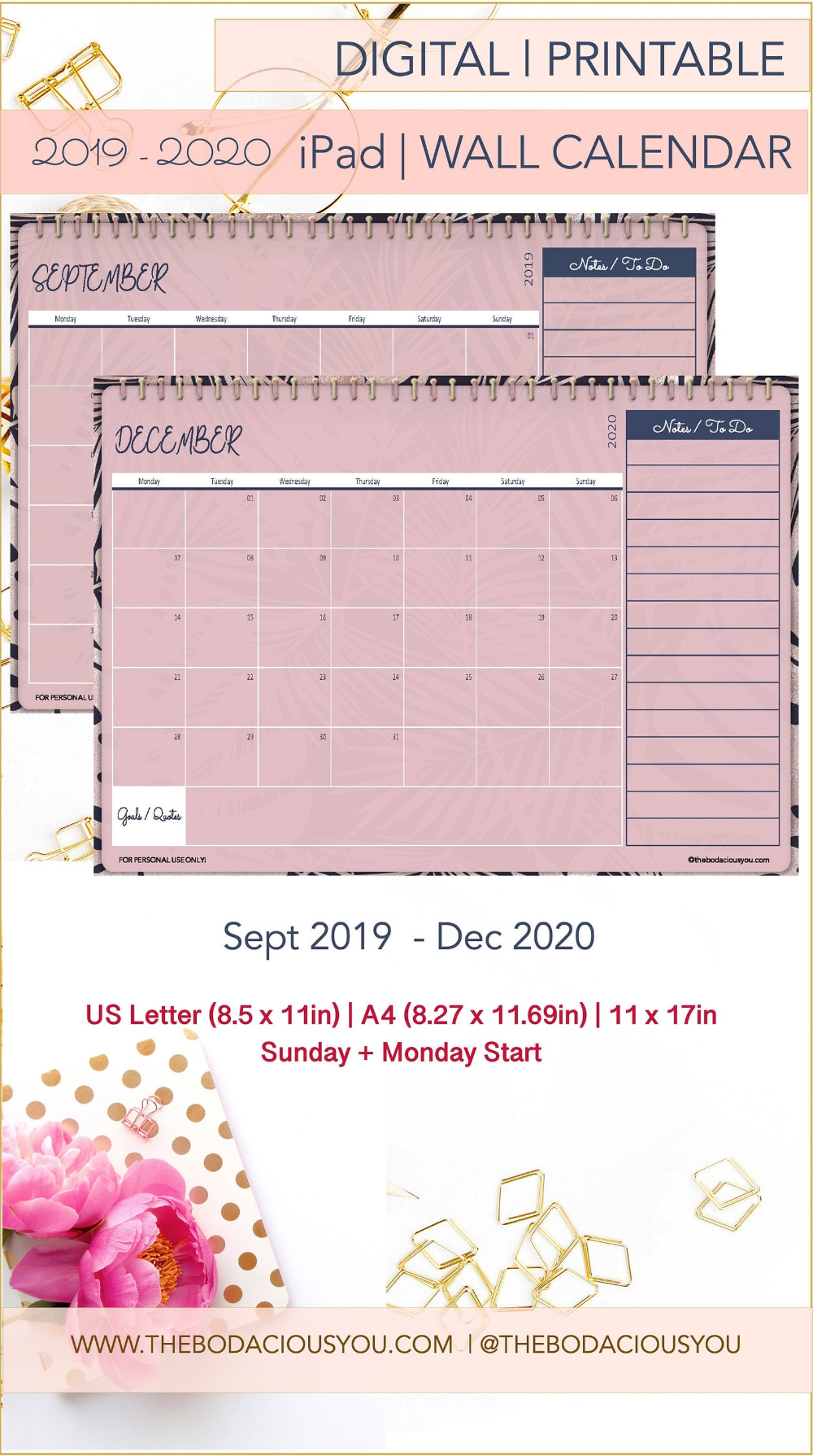Digital 2019 2020 Calendar Printable Us Letter Monthly